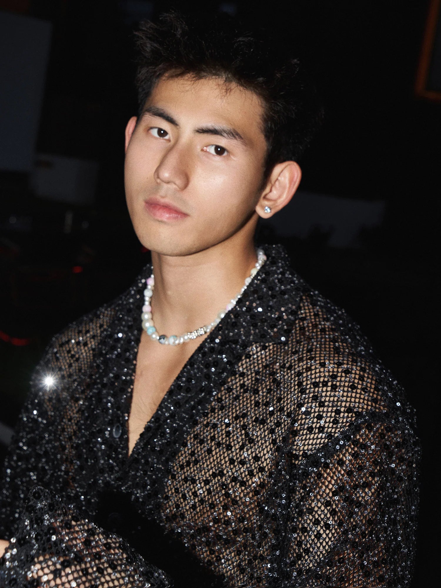 Sequin Mesh See-Through Long Sleeve Shirt