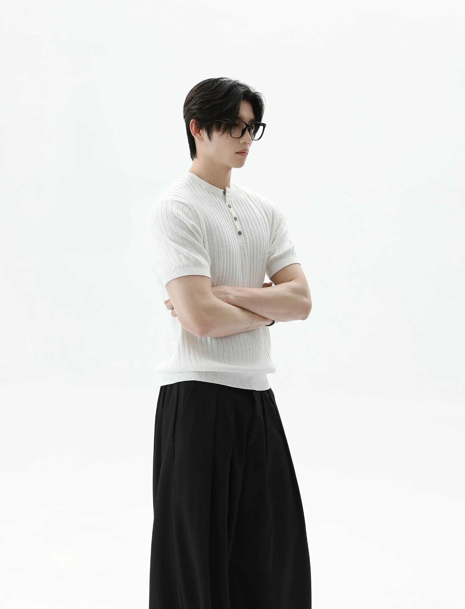 Ribbed Knit Short Sleeve Henley Shirt