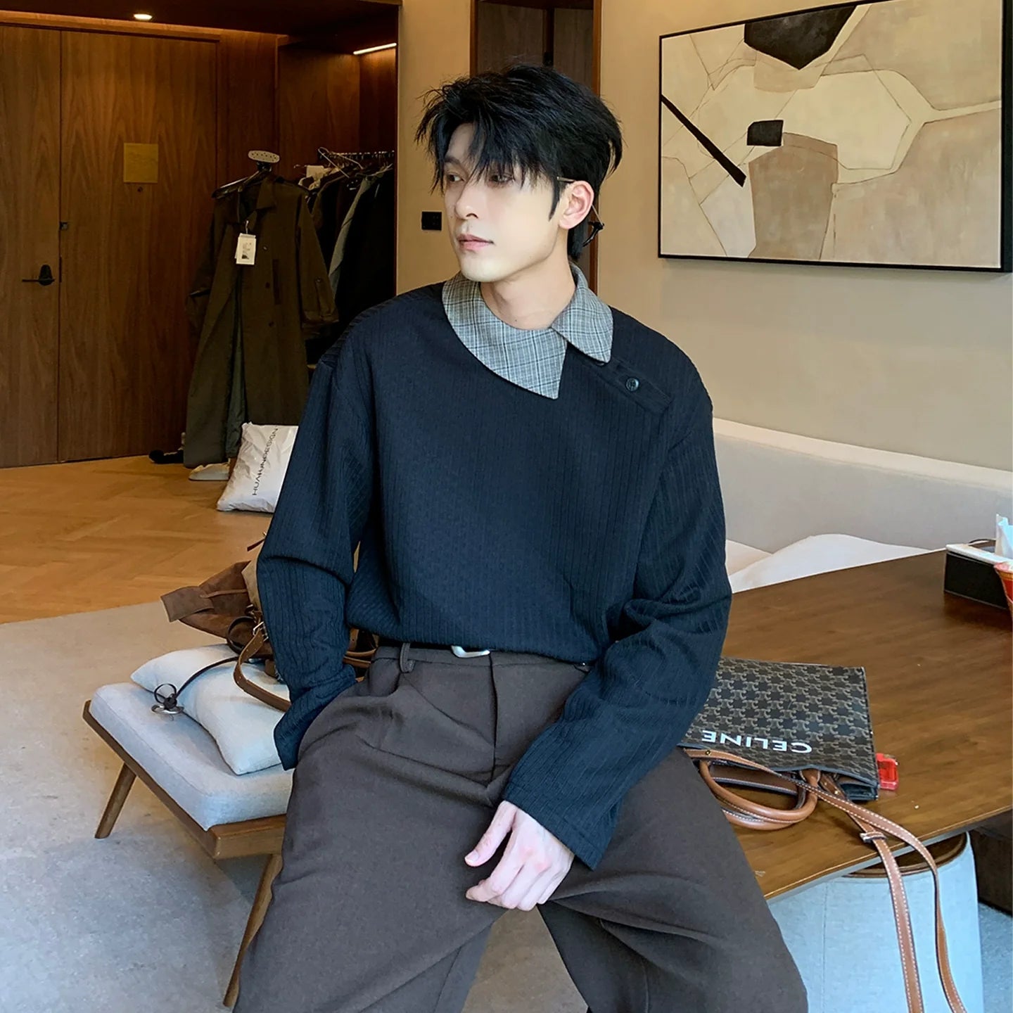 Oblique Placket Long Sleeve Pullover