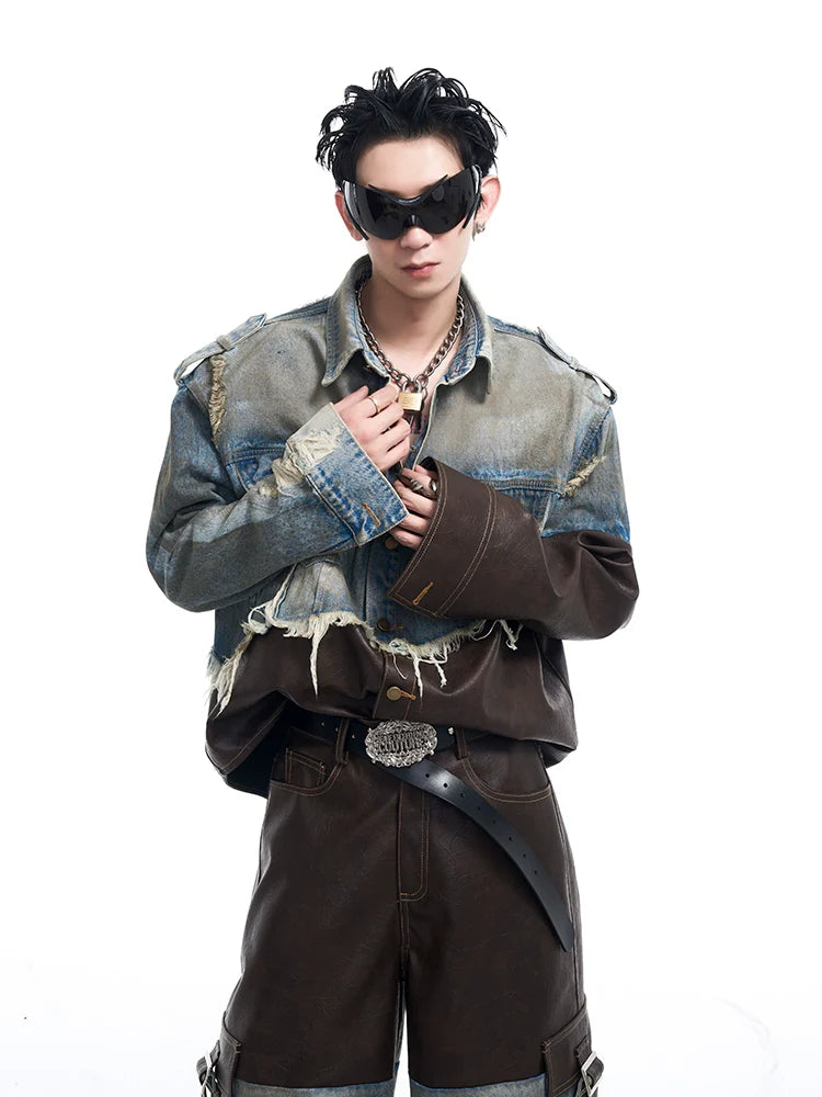 Damaged Denim Leather Patchwork Suit