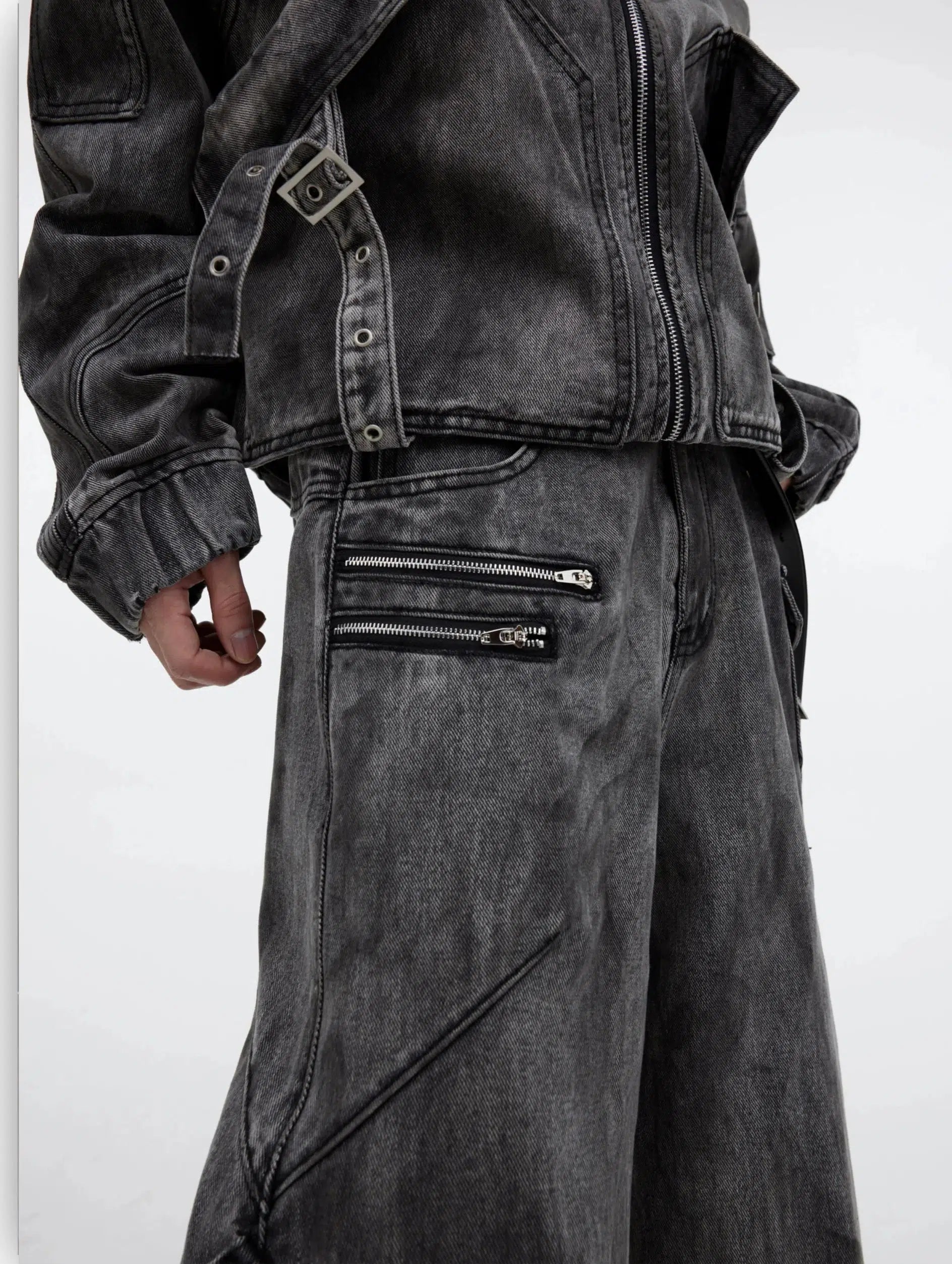 Distressed Zipper Denim Jacket and Pants