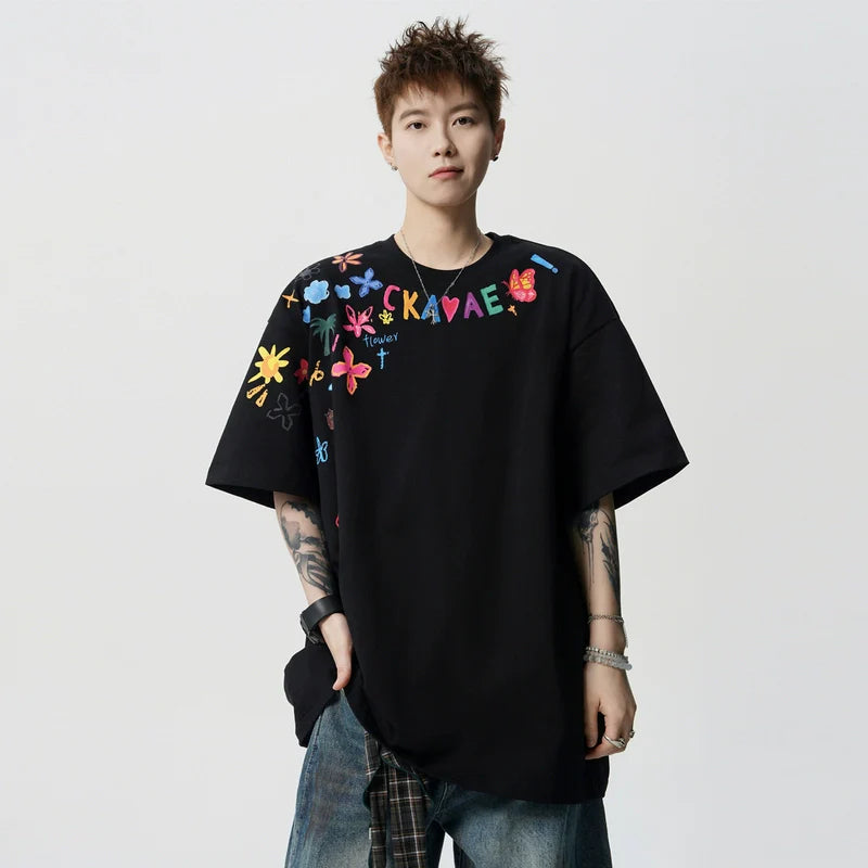 Hand-Painted Print Loose Fit T-Shirt