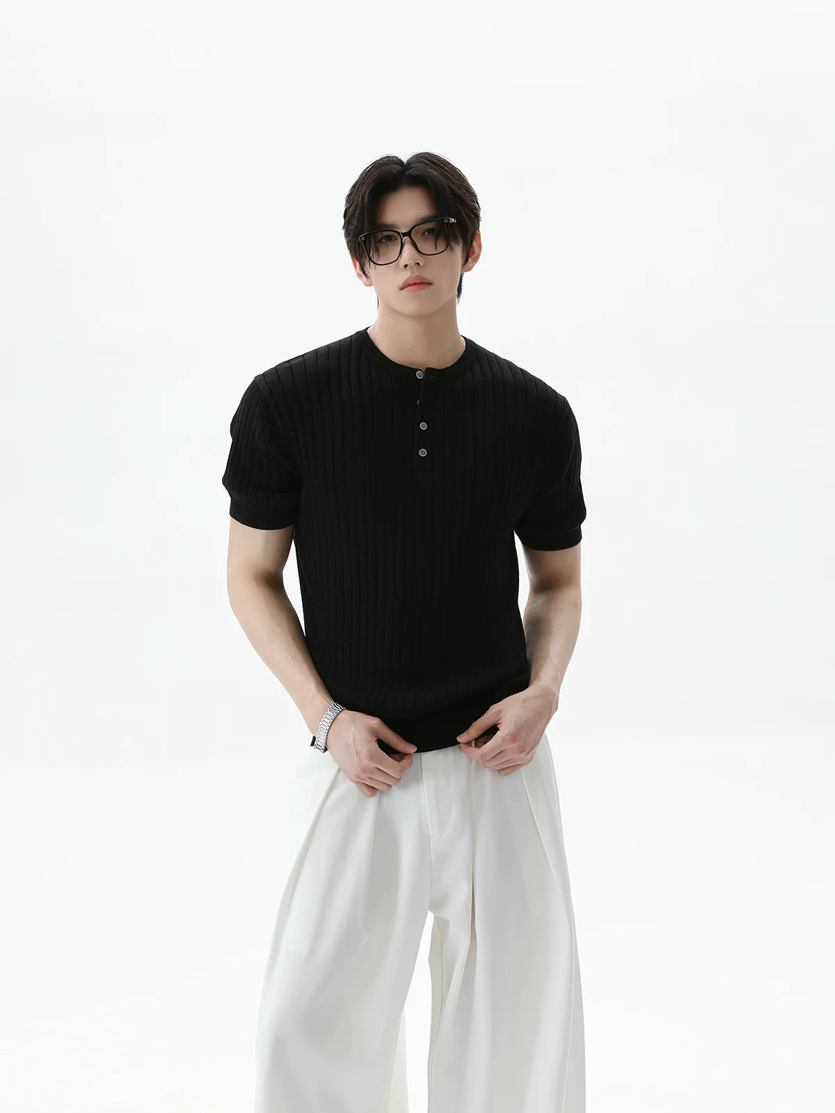 Ribbed Knit Short Sleeve Henley Shirt