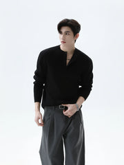 Ribbed Henley Collar Pullover