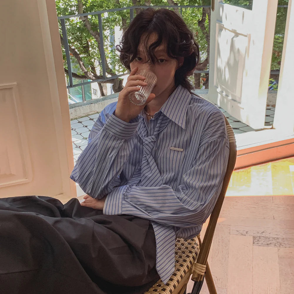 Striped Long-Sleeve Shirt with Tie