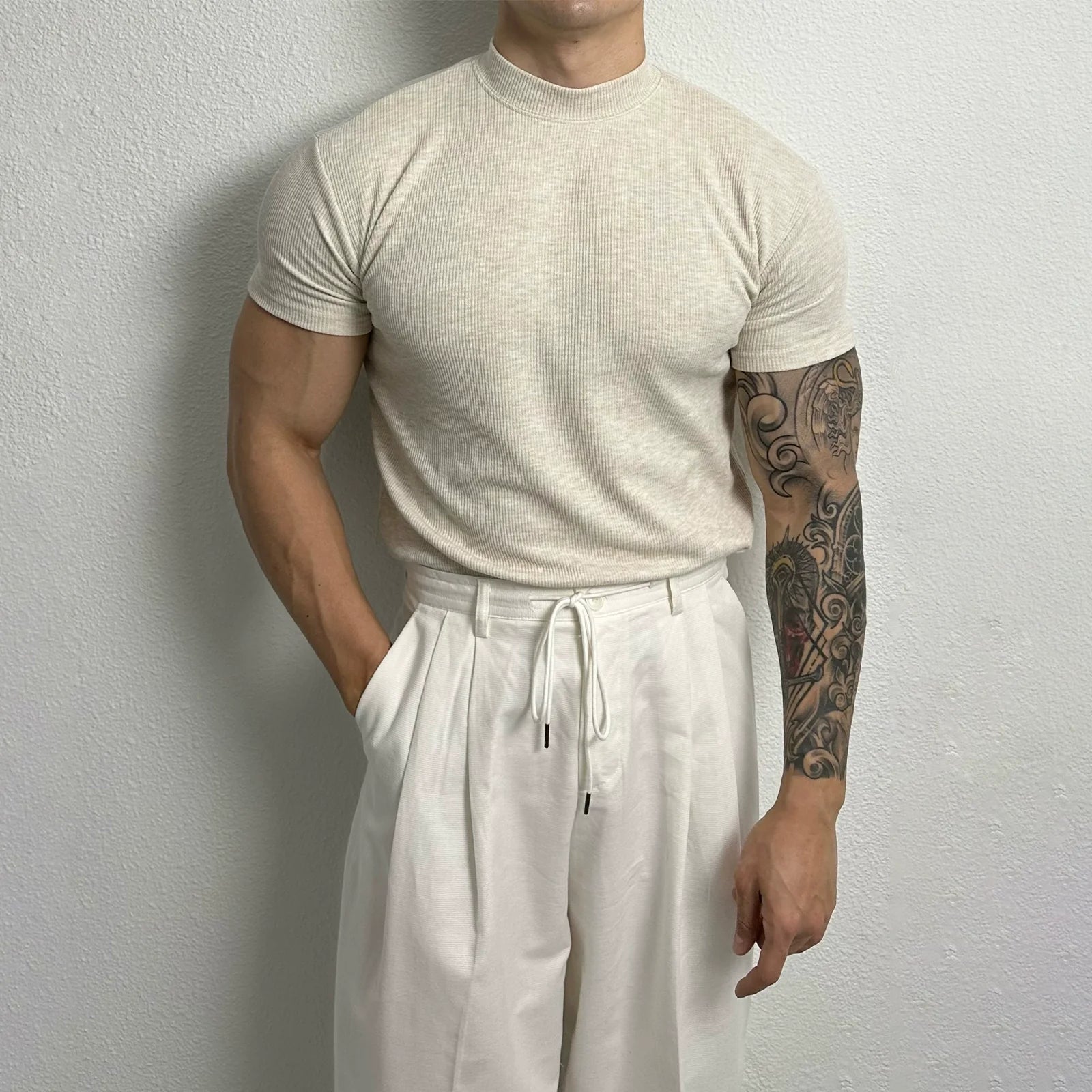 Ribbed Half Turtleneck Short Sleeve Pullover