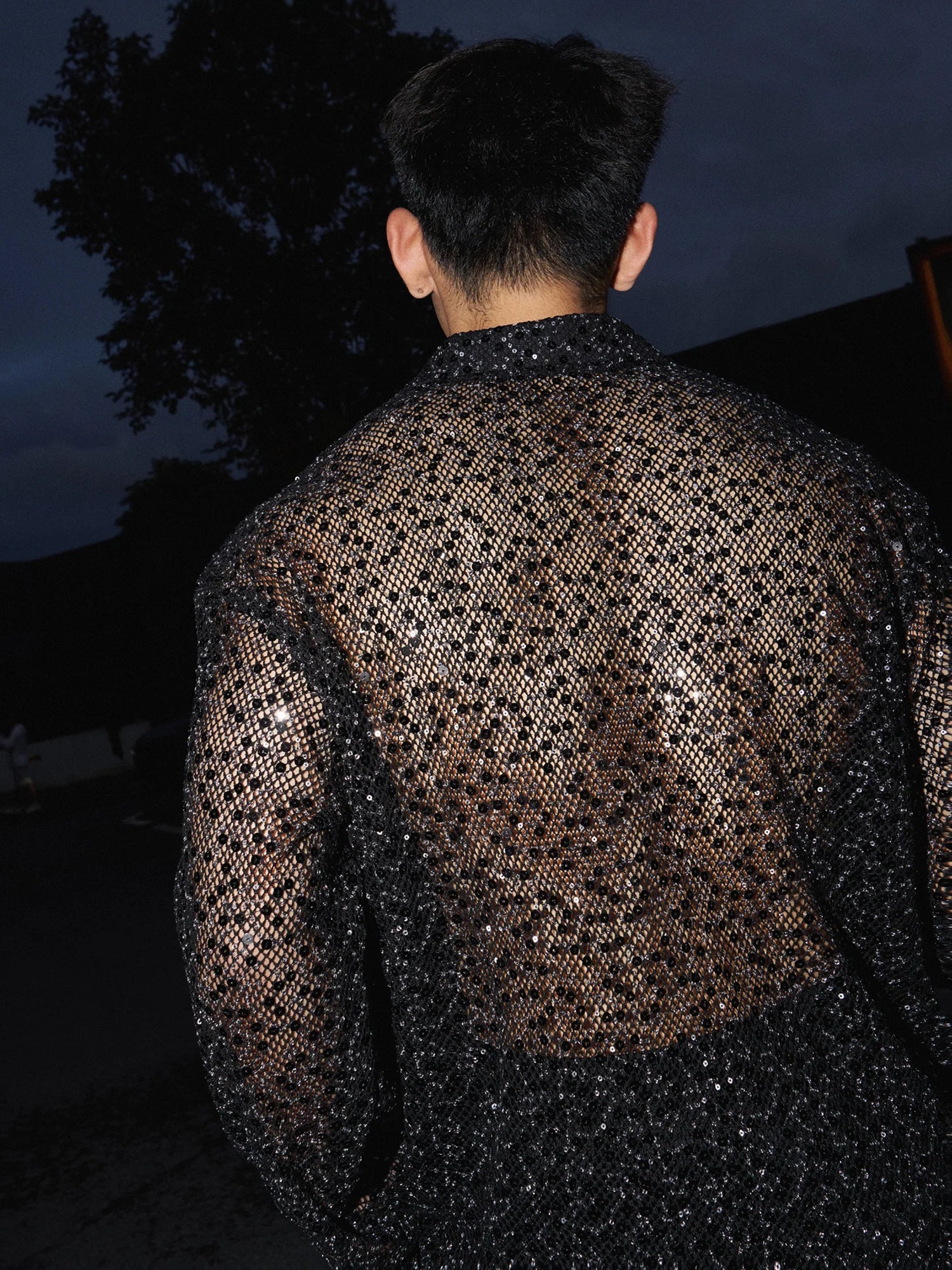 Sequin Mesh See-Through Long Sleeve Shirt