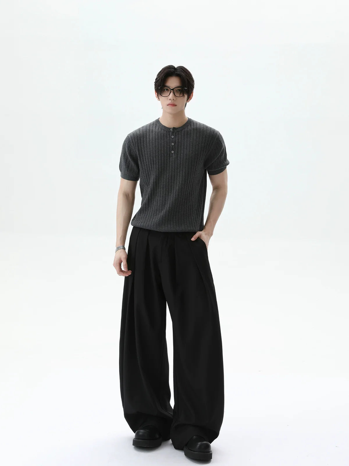 Ribbed Knit Short Sleeve Henley Shirt