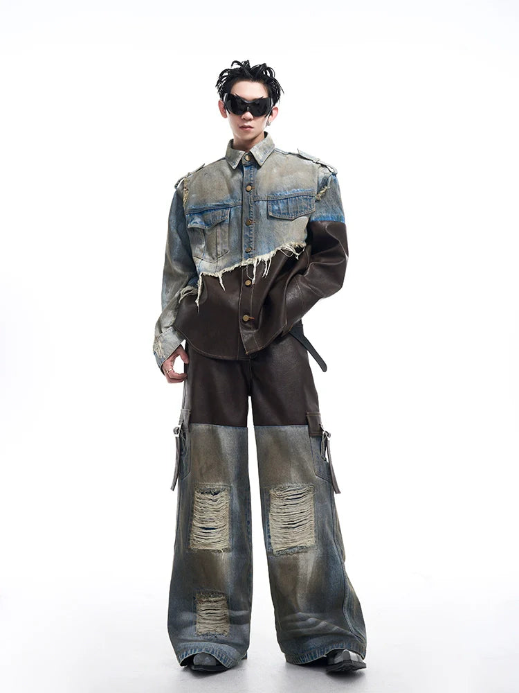 Damaged Denim Leather Patchwork Suit