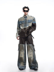 Damaged Denim Leather Patchwork Suit