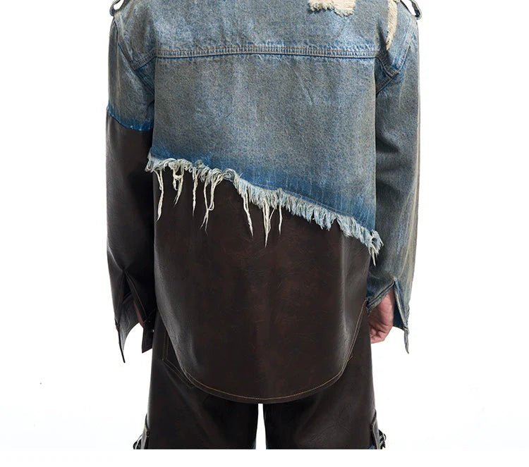 Damaged Denim Leather Patchwork Suit