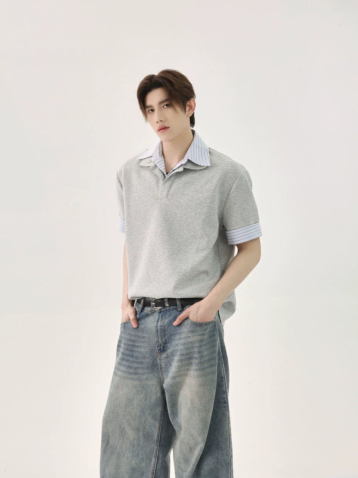 Patchwork Striped Loose Polo Pullover