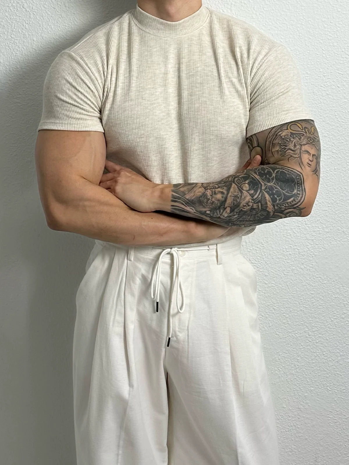 Ribbed Half Turtleneck Short Sleeve Pullover