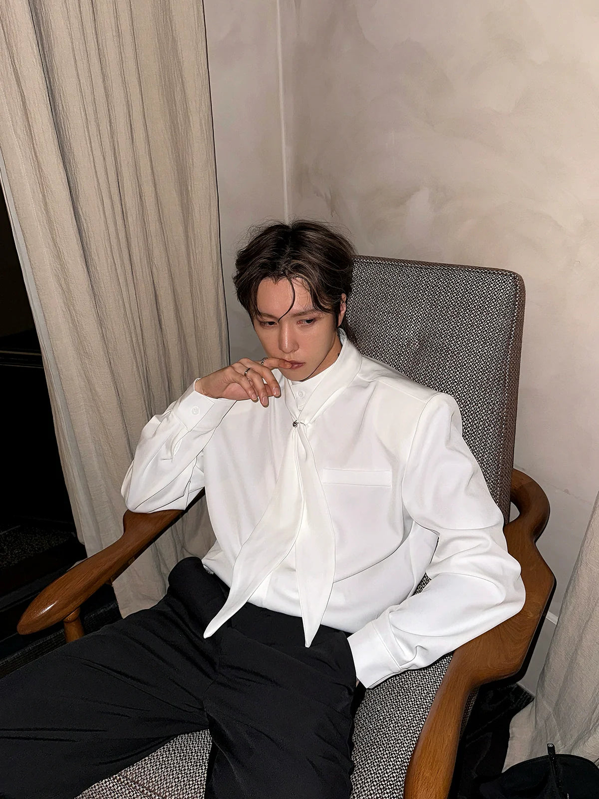 Stand Collar Tie Long Sleeve Shirt