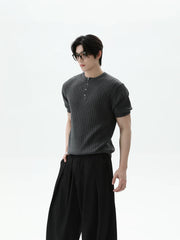 Ribbed Knit Short Sleeve Henley Shirt