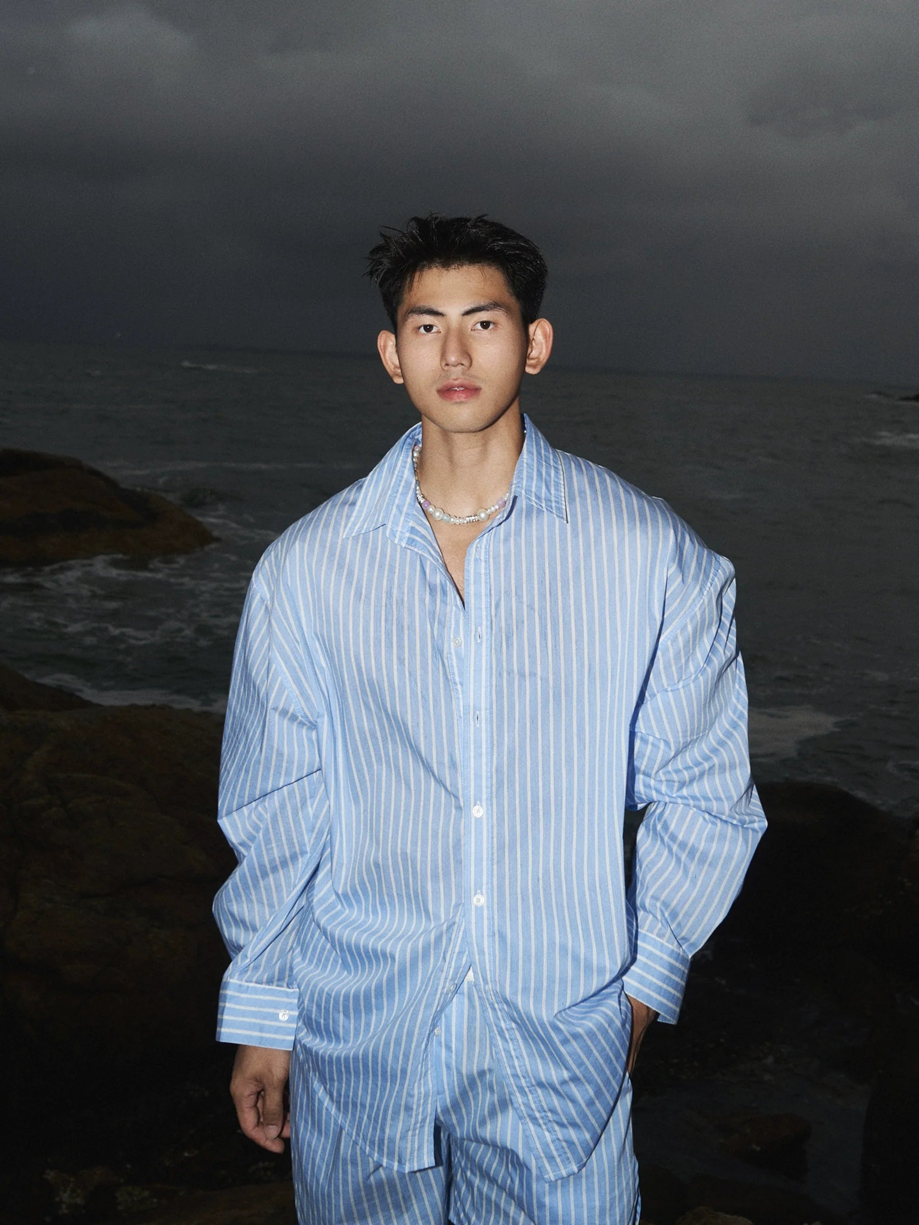Embroidered Button-Up Striped Shirt
