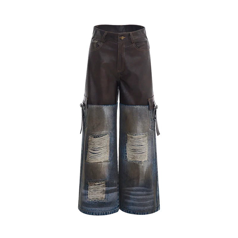 Damaged Denim Leather Patchwork Suit