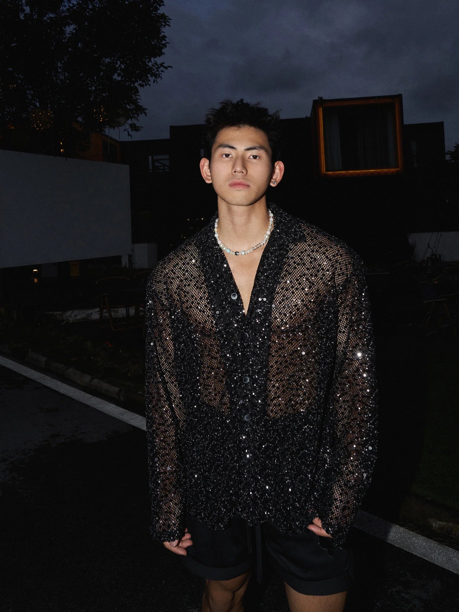Sequin Mesh See-Through Long Sleeve Shirt