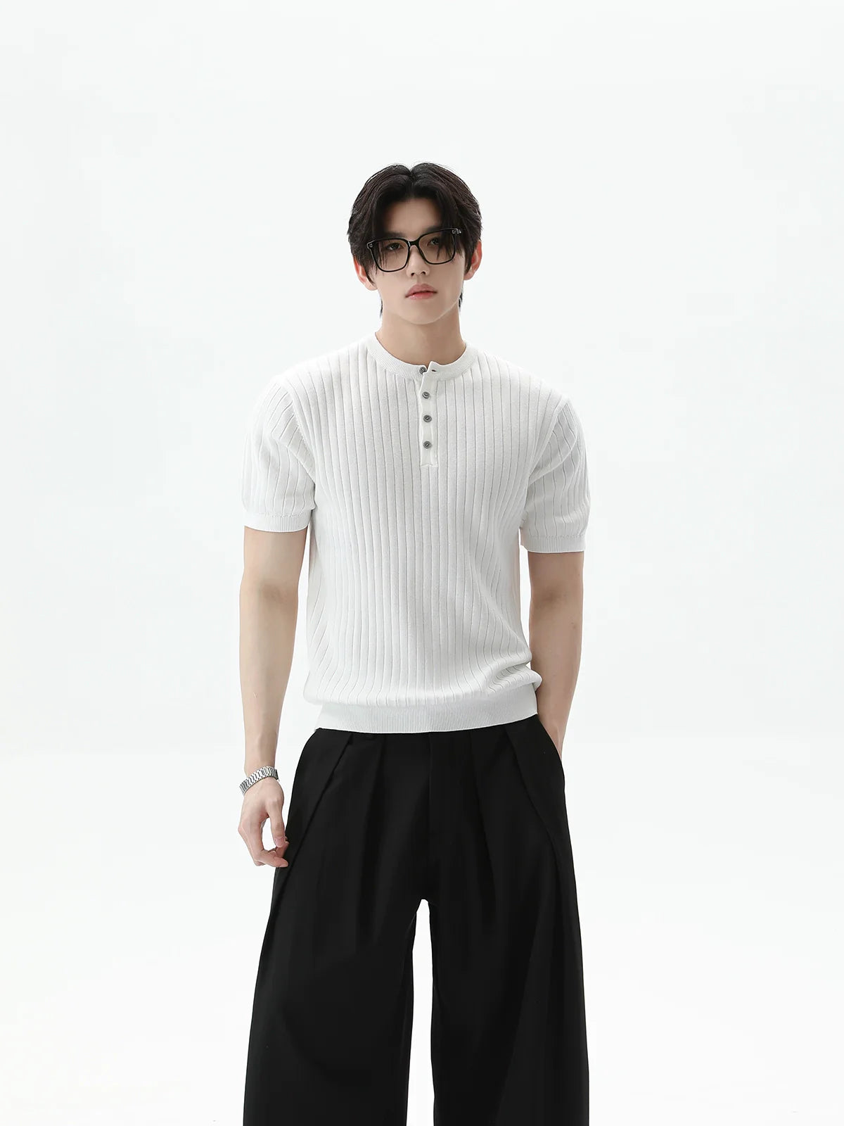 Ribbed Knit Short Sleeve Henley Shirt