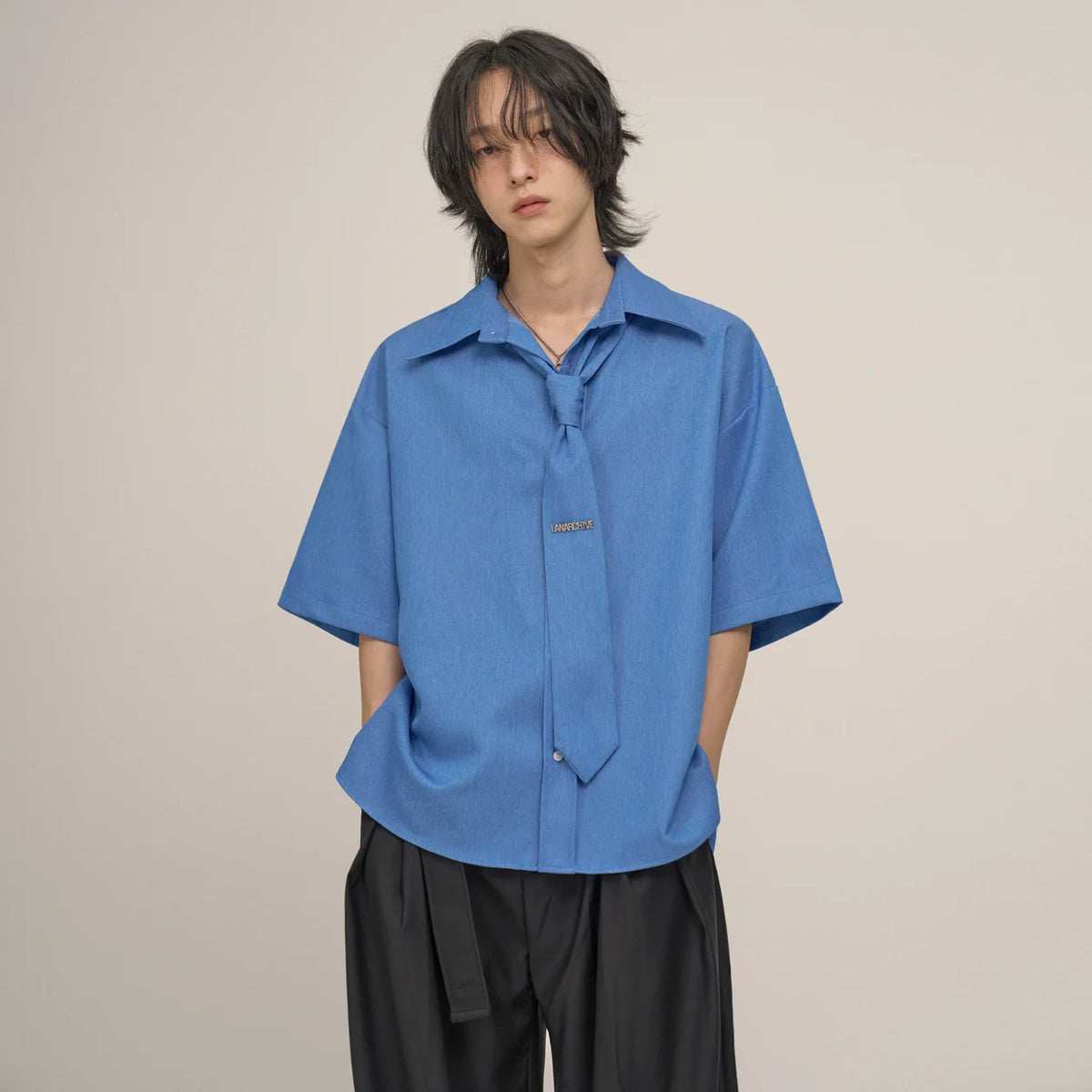 Short Sleeve Loose Fit Shirt with Tie