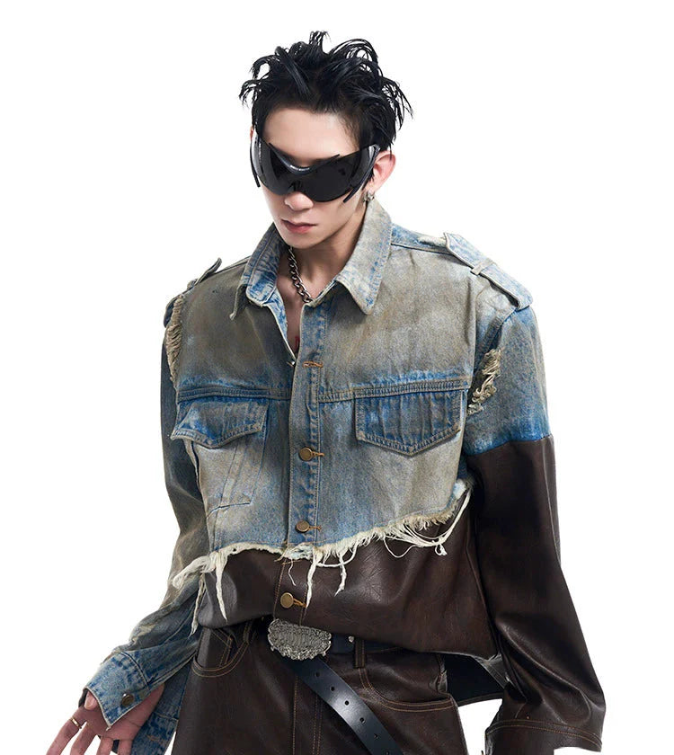 Damaged Denim Leather Patchwork Suit