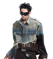 Damaged Denim Leather Patchwork Suit