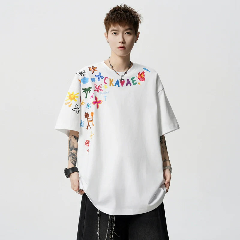 Hand-Painted Print Loose Fit T-Shirt