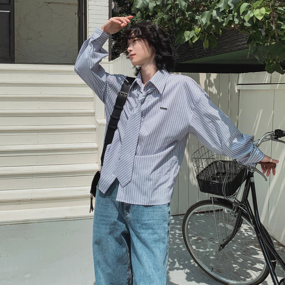 Striped Long-Sleeve Shirt with Tie