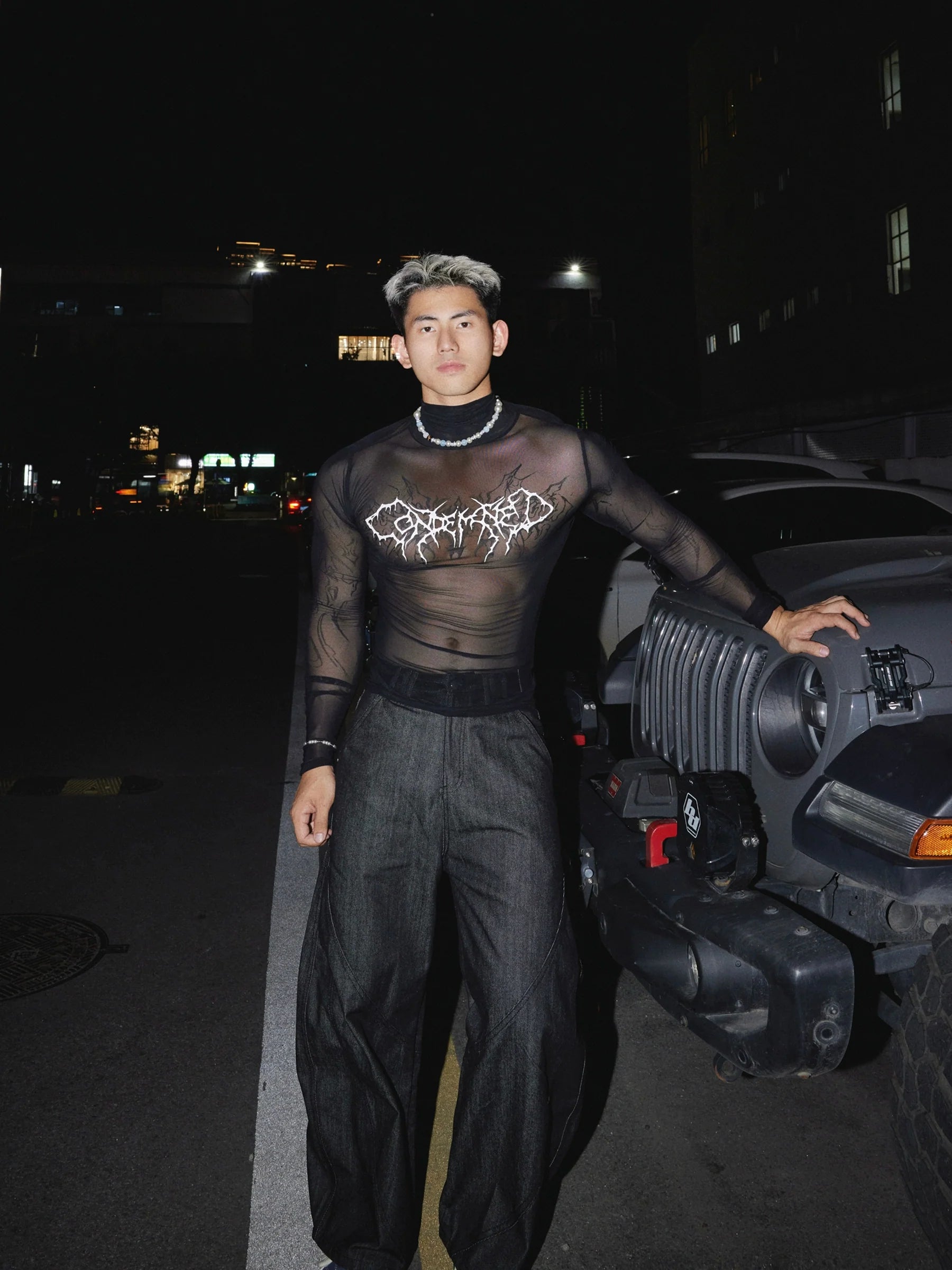 Sheer Gothic Print Slim Fit Pullover