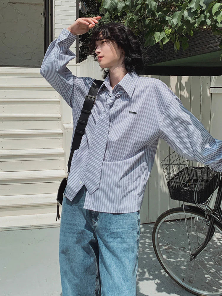 Striped Long-Sleeve Shirt with Tie