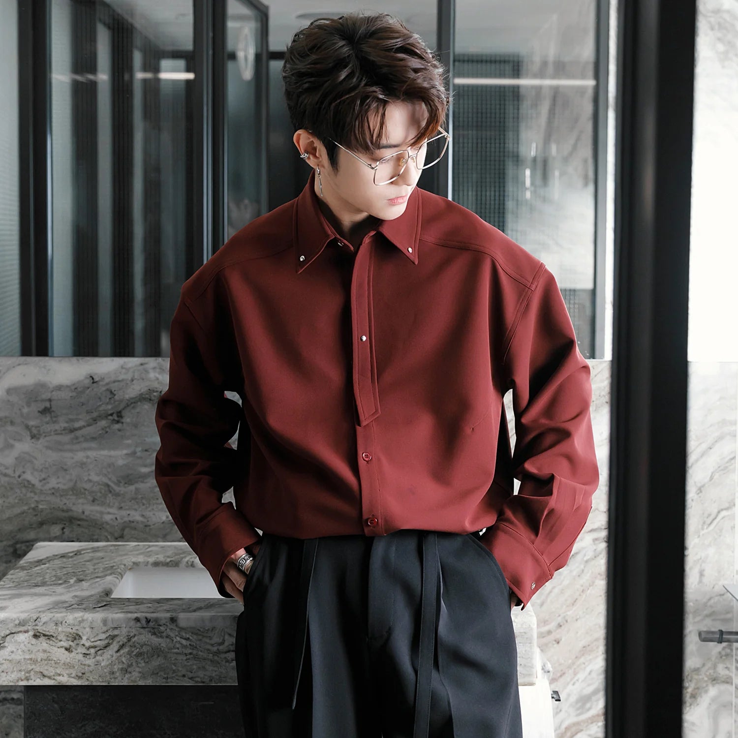 Solid Color Button-Down Shirt