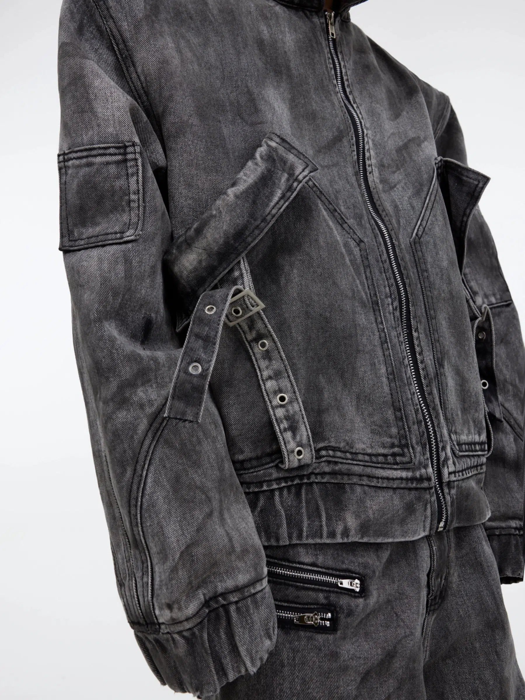 Distressed Zipper Denim Jacket and Pants