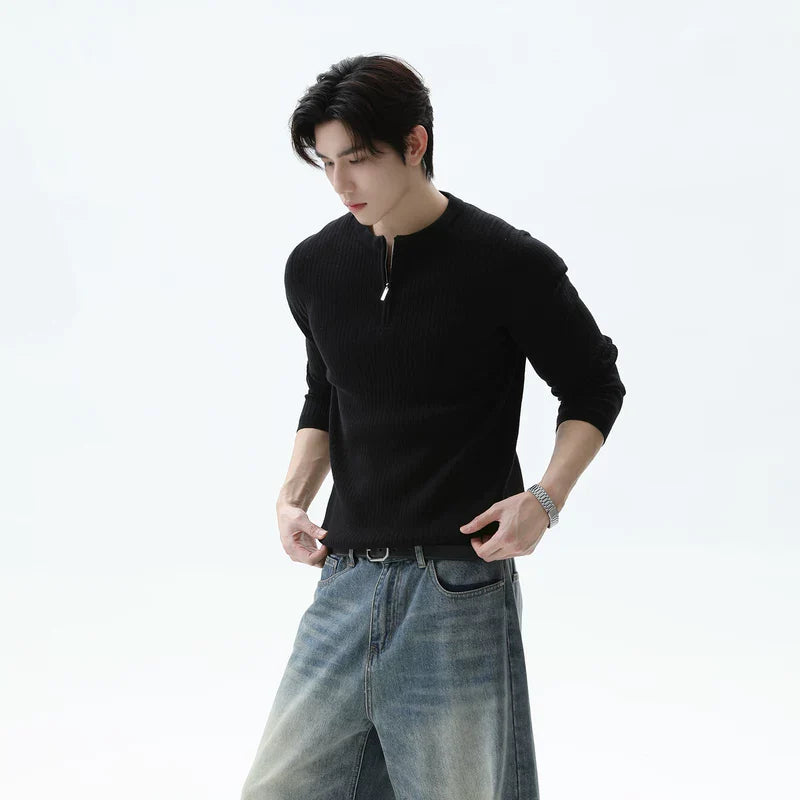 Half-Zip Ribbed Knit Stand Collar Sweater