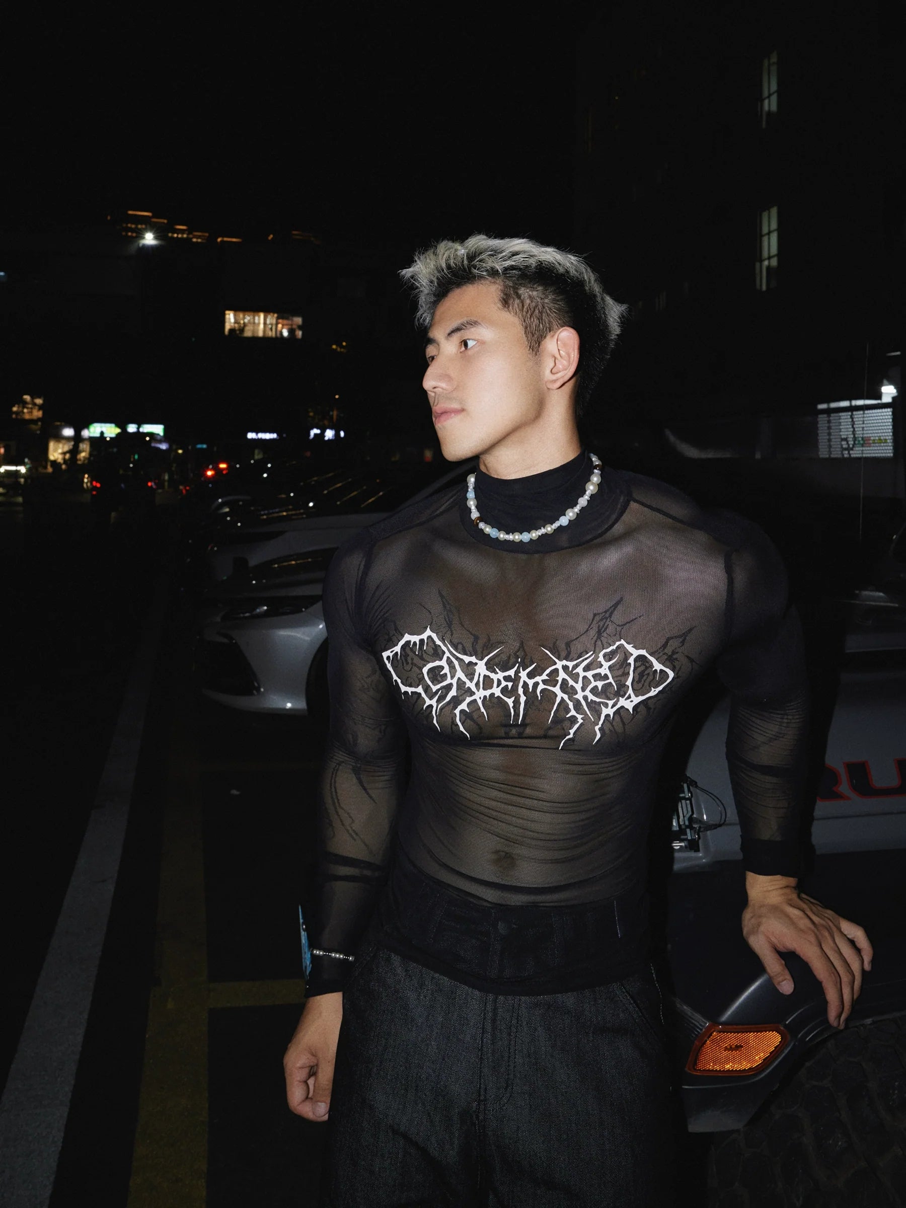 Sheer Gothic Print Slim Fit Pullover