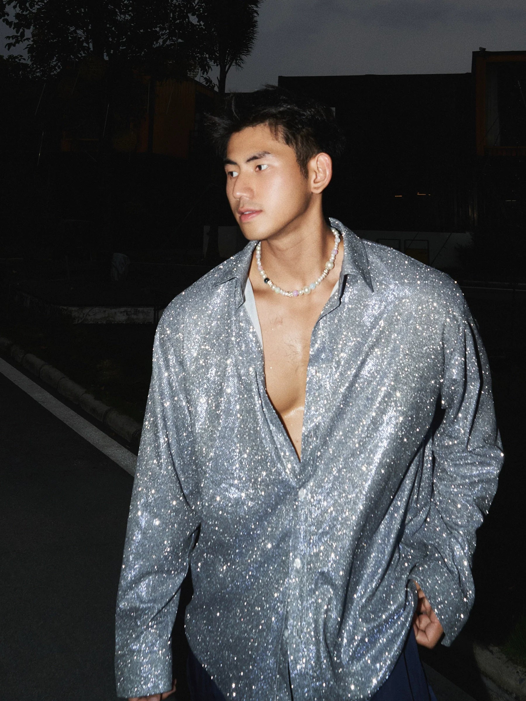 Glitter Shimmer Relaxed Fit Button-Up Shirt