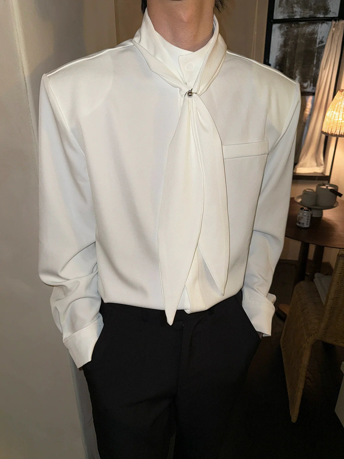 Stand Collar Tie Long Sleeve Shirt