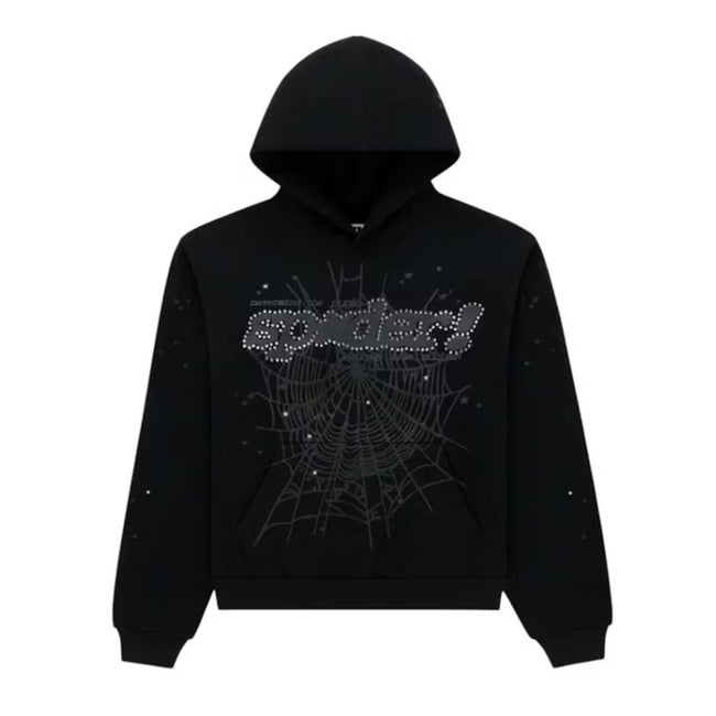 Sp5der Rhinestone P*nk V2 Triple Black Hoodie Hover Image