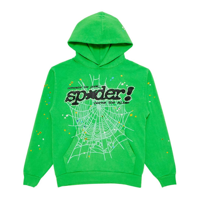 Sp5der Slime Green Rhinestone Punk V2 Hoodie Hover Image