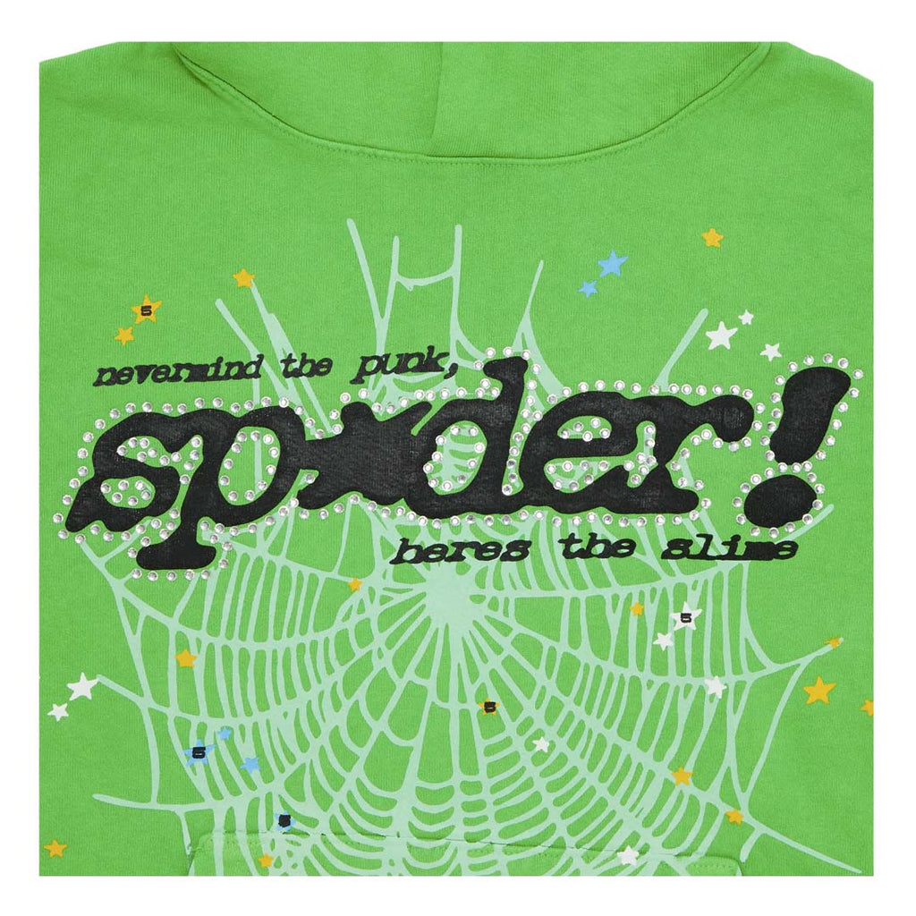 Sp5der Slime Green Rhinestone Punk V2 Hoodie