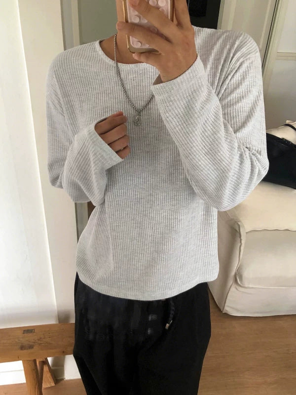Waffle Knit Crew Neck Long Sleeve Pullover