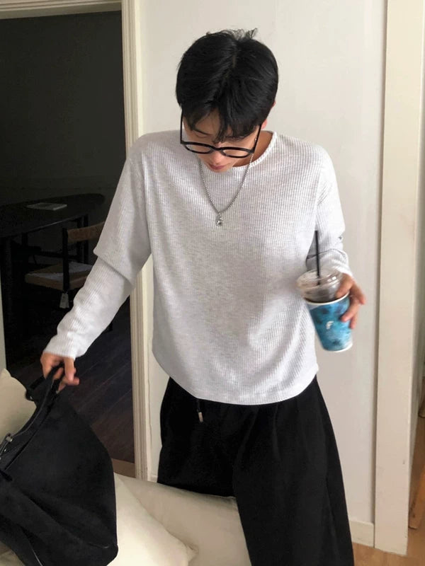 Waffle Knit Crew Neck Long Sleeve Pullover