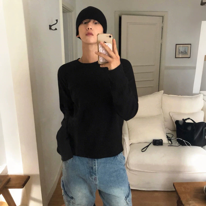 Waffle Knit Crew Neck Long Sleeve Pullover
